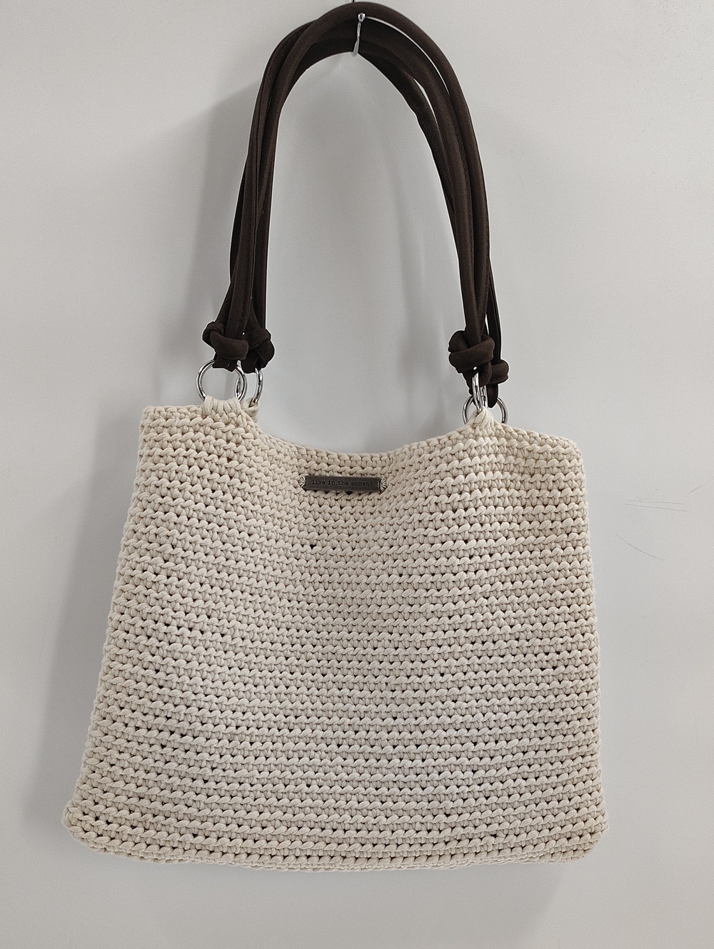 Live In The Moment Bag Crochet Ivory Brown Double Straps